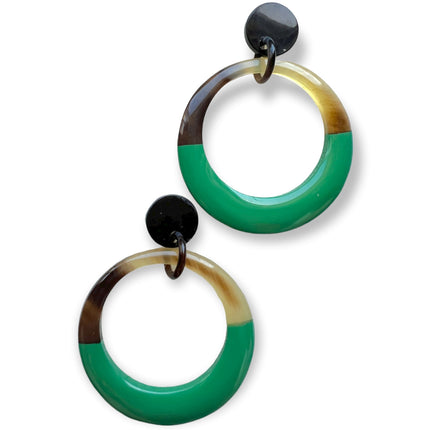 Horn hoop earrings with green enamel 