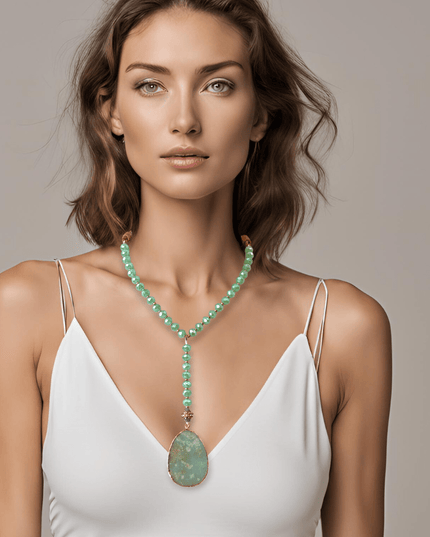 Aventurine beaded necklace with quartz pendant - Sundara Joon