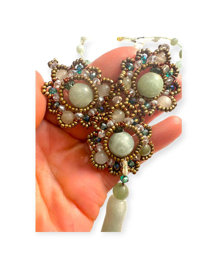 Beaded green jade floral pendant statement necklace - Sundara Joon