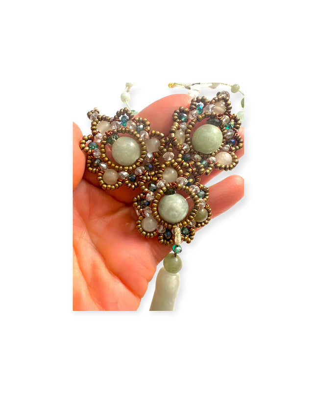 Beaded green jade floral pendant statement necklace - Sundara Joon