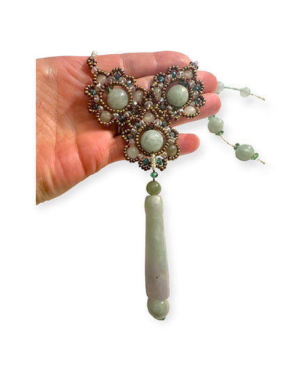 Beaded green jade floral pendant statement necklace - Sundara Joon