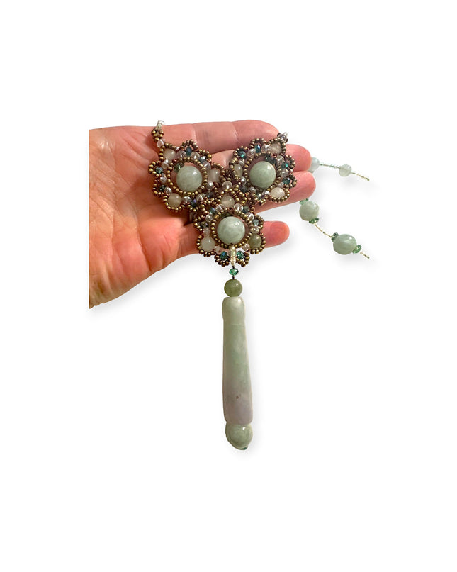 Beaded green jade floral pendant statement necklace - Sundara Joon