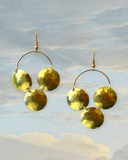 Brushed metal disks on hoop drop earrings - Sundara Joon