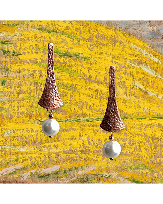 Copper drop earrings with pearl in a modern design - Sundara Joon