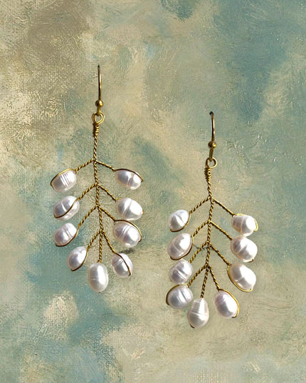 Delicate freshwater pearl leaf shaped drop earrings - Sundara Joon