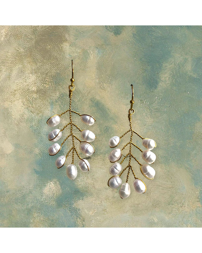 Delicate freshwater pearl leaf shaped drop earrings - Sundara Joon