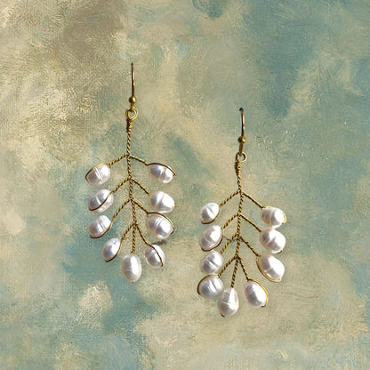 Delicate freshwater pearl leaf shaped drop earrings - Sundara Joon