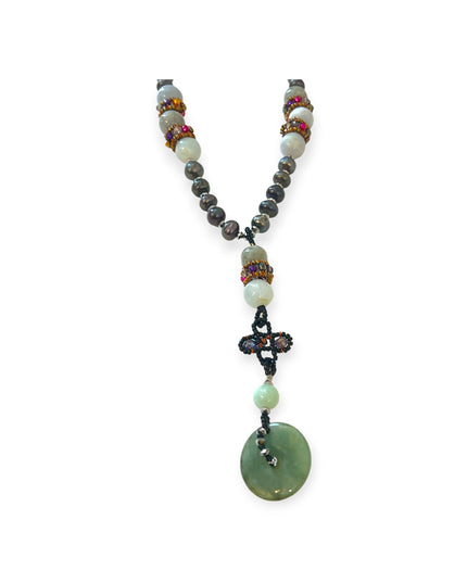 Jade and pearl beaded statement necklace with a jadite disk - Sundara Joon