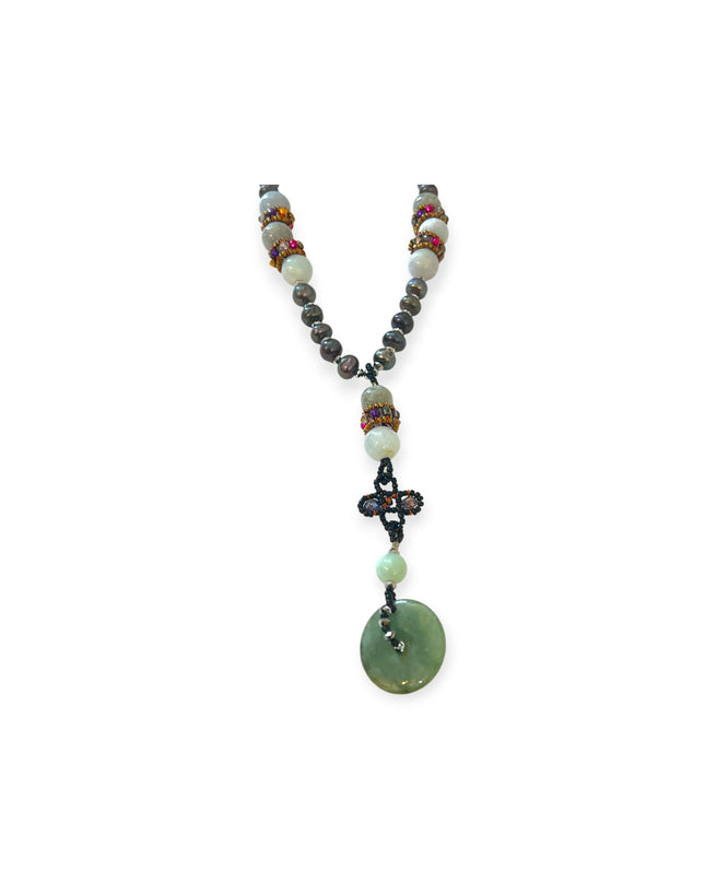 Jade and pearl beaded statement necklace with a jadite disk - Sundara Joon