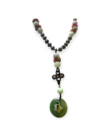 Jade and pearl beaded statement necklace with a jadite disk - Sundara Joon