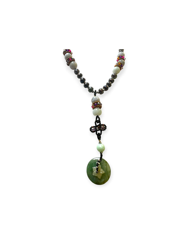 Jade and pearl beaded statement necklace with a jadite disk - Sundara Joon