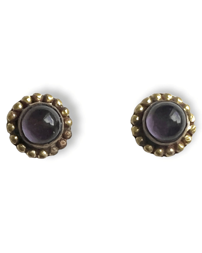 Simple circular brass and gemstone stud earrings - Sundara Joon