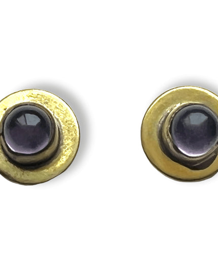 Simple circular brass and gemstone stud earrings - Sundara Joon