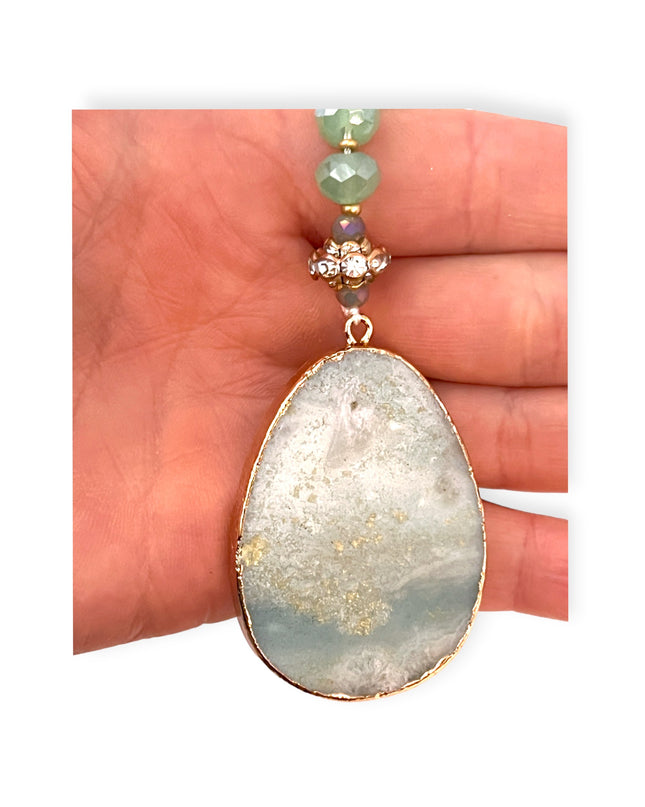 Aventurine beaded necklace with quartz pendant - Sundara Joon