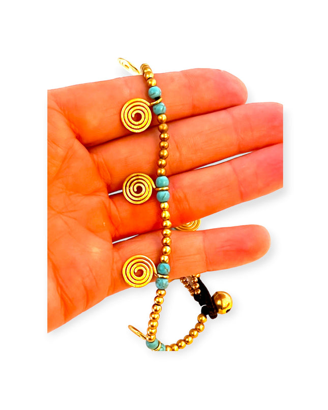 Brass and turquoise anklet in a tribal design - Sundara Joon