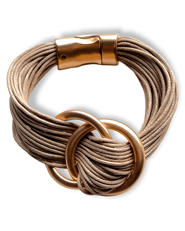 Copper interlocking rings bracelet with tan straps - Sundara Joon