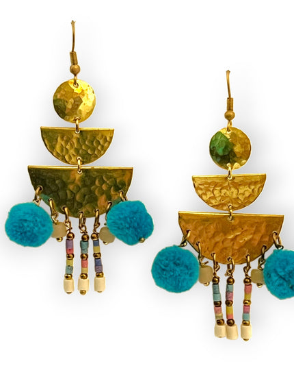 Colorful drop statement earrings with beads and pompomsSundara Joon