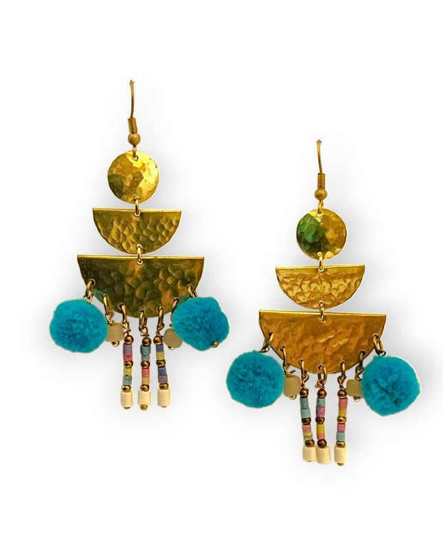 Colorful drop statement earrings with beads and pompomsSundara Joon