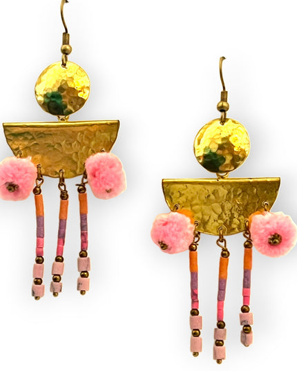 Colorful drop statement earrings with beads and pompomsSundara Joon