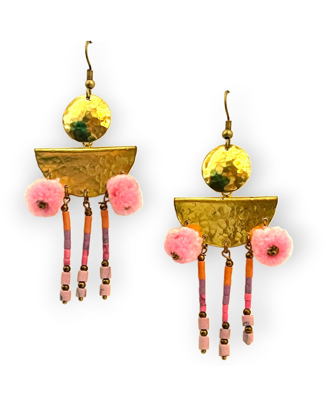 Colorful drop statement earrings with beads and pompomsSundara Joon