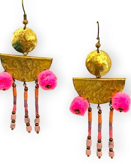 Colorful drop statement earrings with beads and pompomsSundara Joon