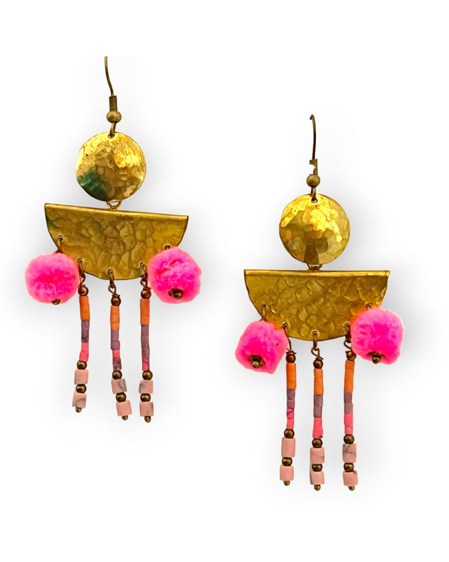 Colorful drop statement earrings with beads and pompomsSundara Joon