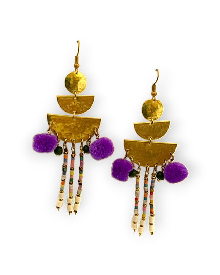 Colorful drop statement earrings with beads and pompomsSundara Joon