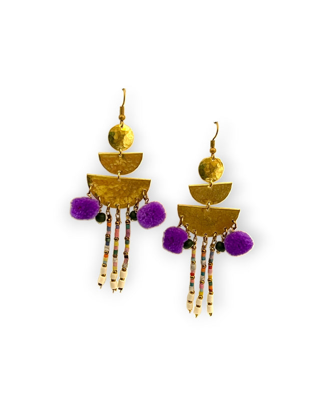 Colorful drop statement earrings with beads and pompomsSundara Joon