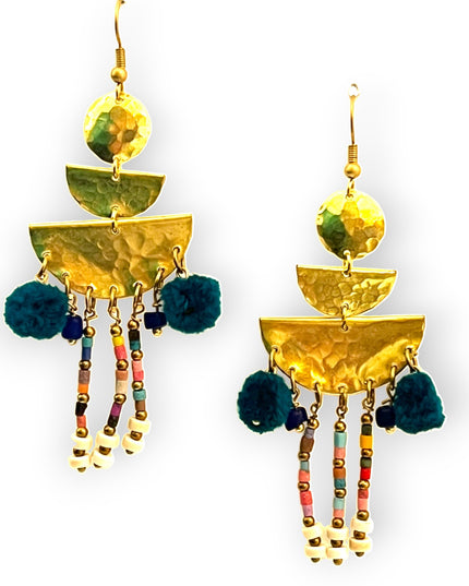 Colorful drop statement earrings with beads and pompomsSundara Joon