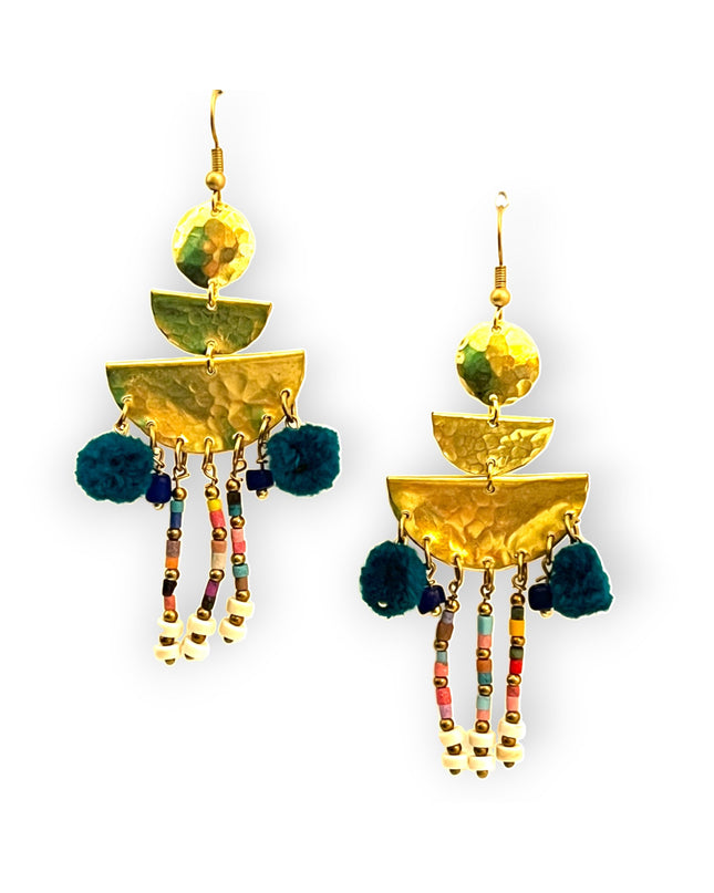 Colorful drop statement earrings with beads and pompomsSundara Joon