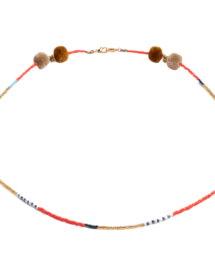 Colorful tribal beaded necklace with pom poms - Sundara Joon