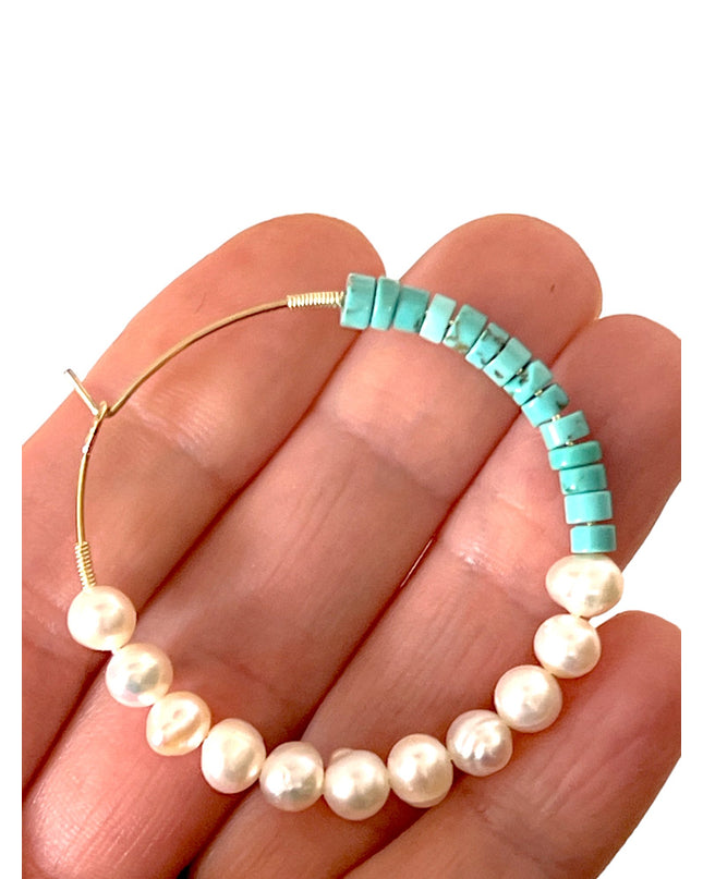 Drop hoop turquoise and pearl earrings - Sundara Joon