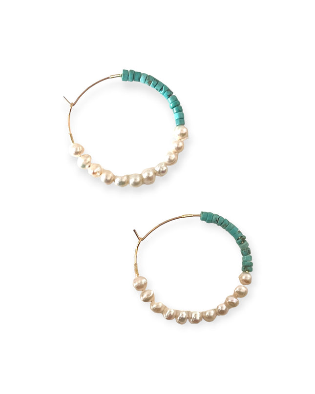 Drop hoop turquoise and pearl earrings - Sundara Joon