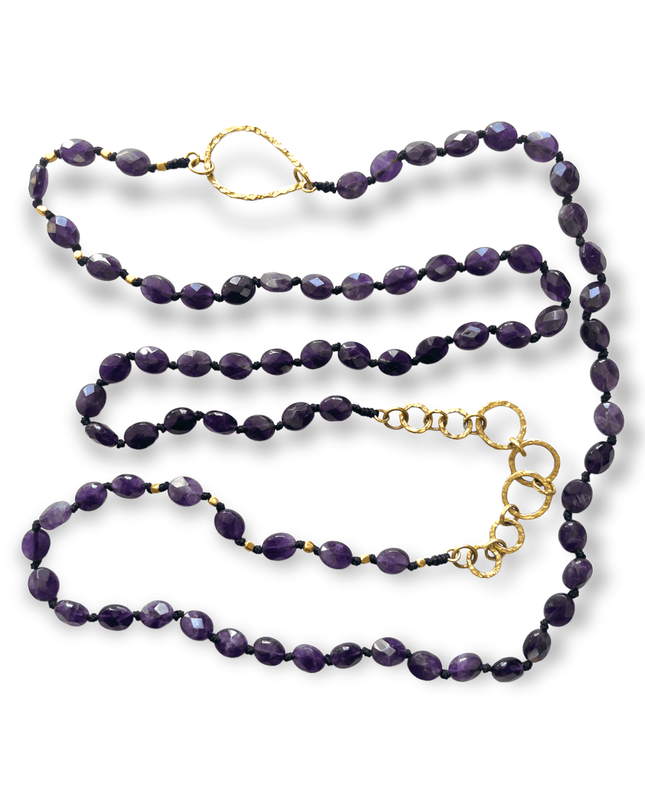 Faceted oval amethyst beaded statement necklace with brass ring accentSundara Joon