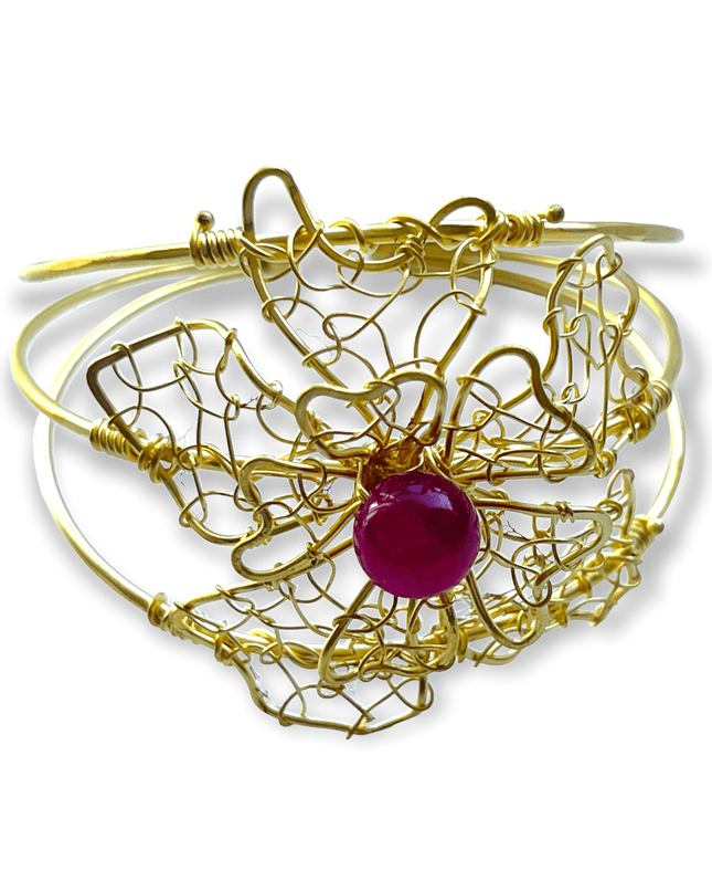 Floral inspired lacy cuff bracelet with a pink stone - Sundara Joon