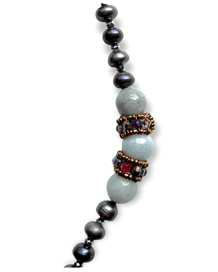 Jade and pearl beaded statement necklace with a jadite disk - Sundara Joon