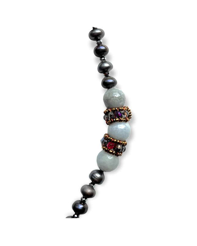 Jade and pearl beaded statement necklace with a jadite disk - Sundara Joon