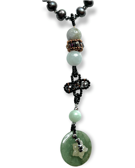 Jade and pearl beaded statement necklace with a jadite disk - Sundara Joon