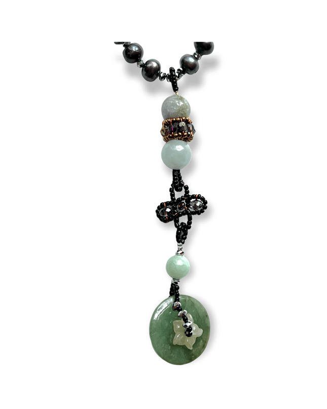 Jade and pearl beaded statement necklace with a jadite disk - Sundara Joon