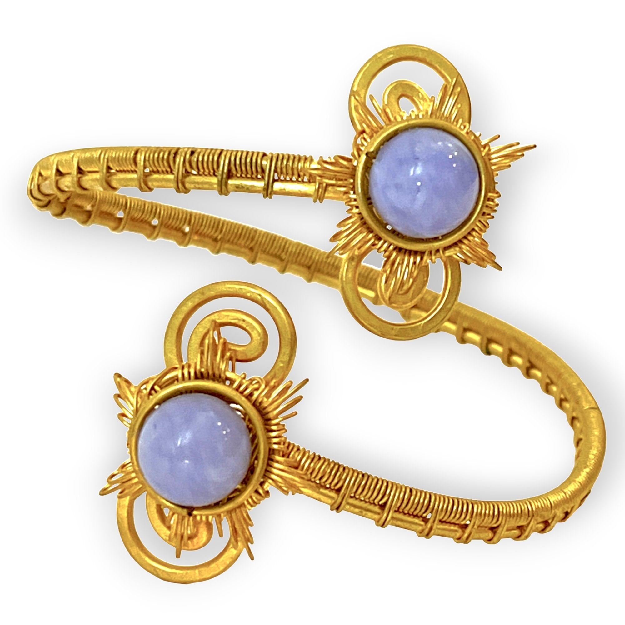 Rose Quartz (Three Stone) Gemstone Gold Bangle Cuff Bracelet ~ 