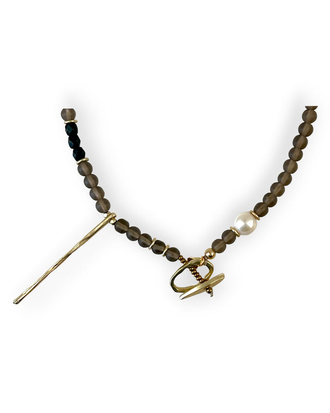 Smokey quartz beaded necklace with black chalcedony, pearl and brass aSundara Joon