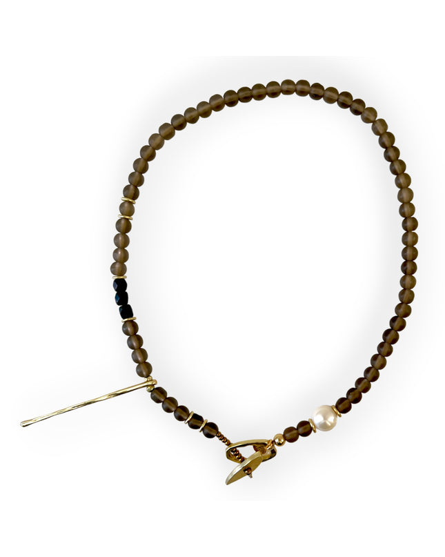 Smokey quartz beaded necklace with black chalcedony, pearl and brass aSundara Joon