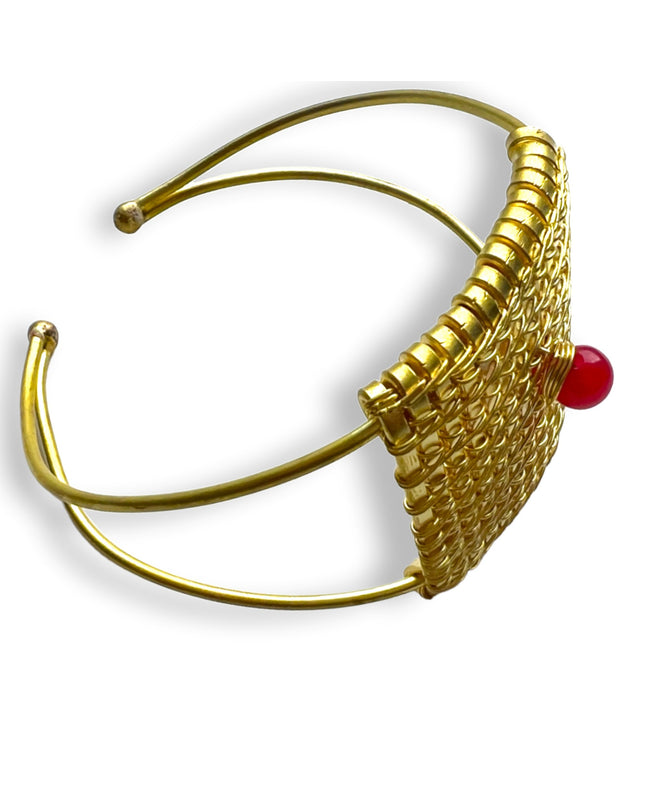 Woven brass cuff bracelet with carnelian center - Sundara Joon